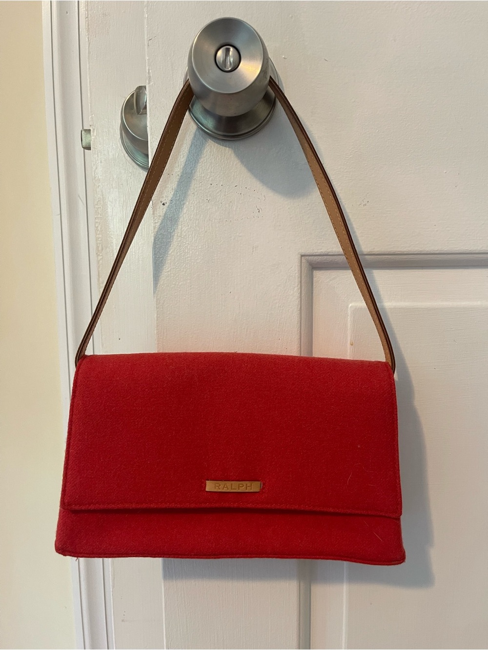 RALPH Lauren Red Baguette Purse Wool Blend Leather Magnetic Close